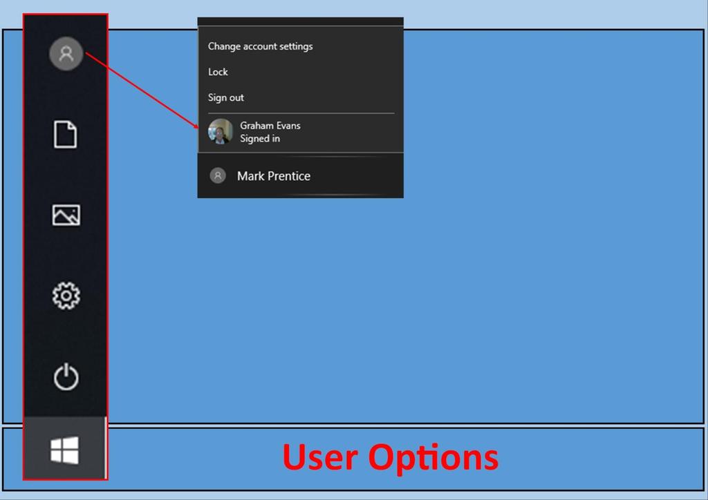 The Third Division on the Start Menu allows quick access to the User, Quick Links, Settings, and Power Options.