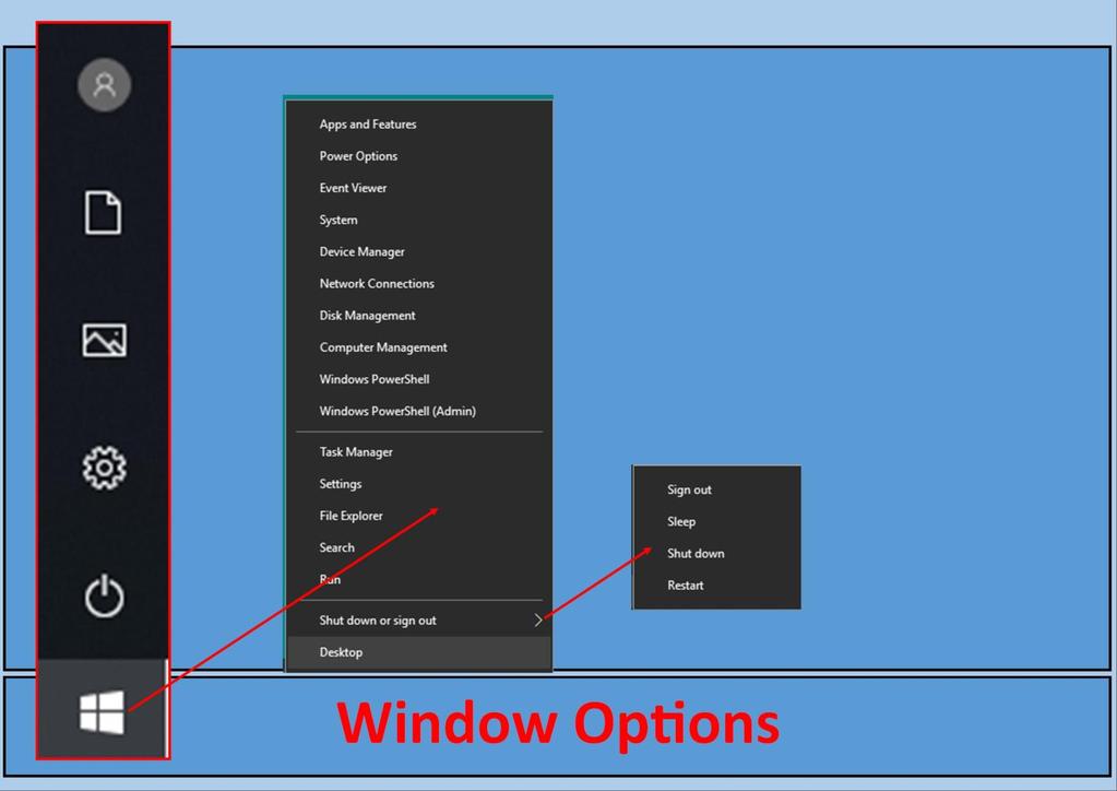 By RIGHT CLICKING the windows icon, you will gain access to another menu of options, some of which are accessible from other parts of the Start Menu.