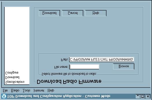 Download Form In the Download Radio Software form you can upgrade the radio software (firmware). You must have a copy of the latest radio firmware, which you can get by selecting File>Tait Update.