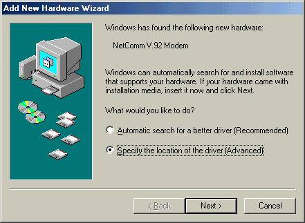 Windows Me 1. Please insert the supplied NetComm CD, and when the "Add New Hardware Wizard" recognizes the new "NetComm V.