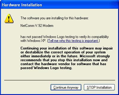 The drivers that Windows XP uses are not digitally signed by Microsoft and the message to the right will be displayed. Click "Continue Anyway". 4.