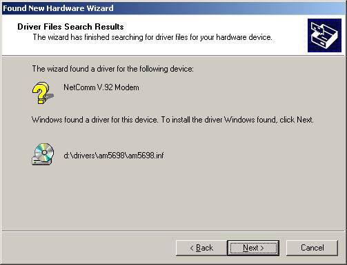 5. Windows will locate the correct driver. Click on "Next>" to continue. 6.