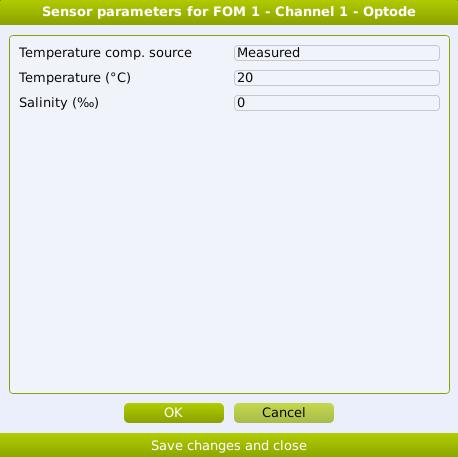 Sensor parameters Here you add information about the environment the MicroOptode will measure in. Temperature comp.