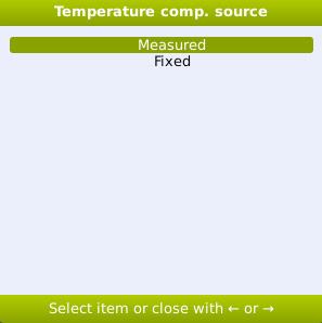 The temperature source can be set in this menu. When the Temperature sensor is used select Measured.