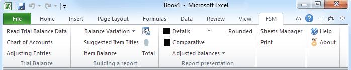 Introduction 2 5 FSM Ribbon After installing, an FSM ribbon is added into your Excel: Figure: The ribbon, shown in Excel 2010. (The same concepts apply to Excel 2007 and Excel 2013 as well.