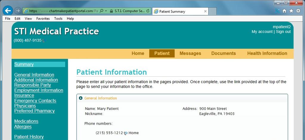 PATIENTS ONLY Patient: The Patient page allows a patient (or patient representative) to modify their demographic and medical information.