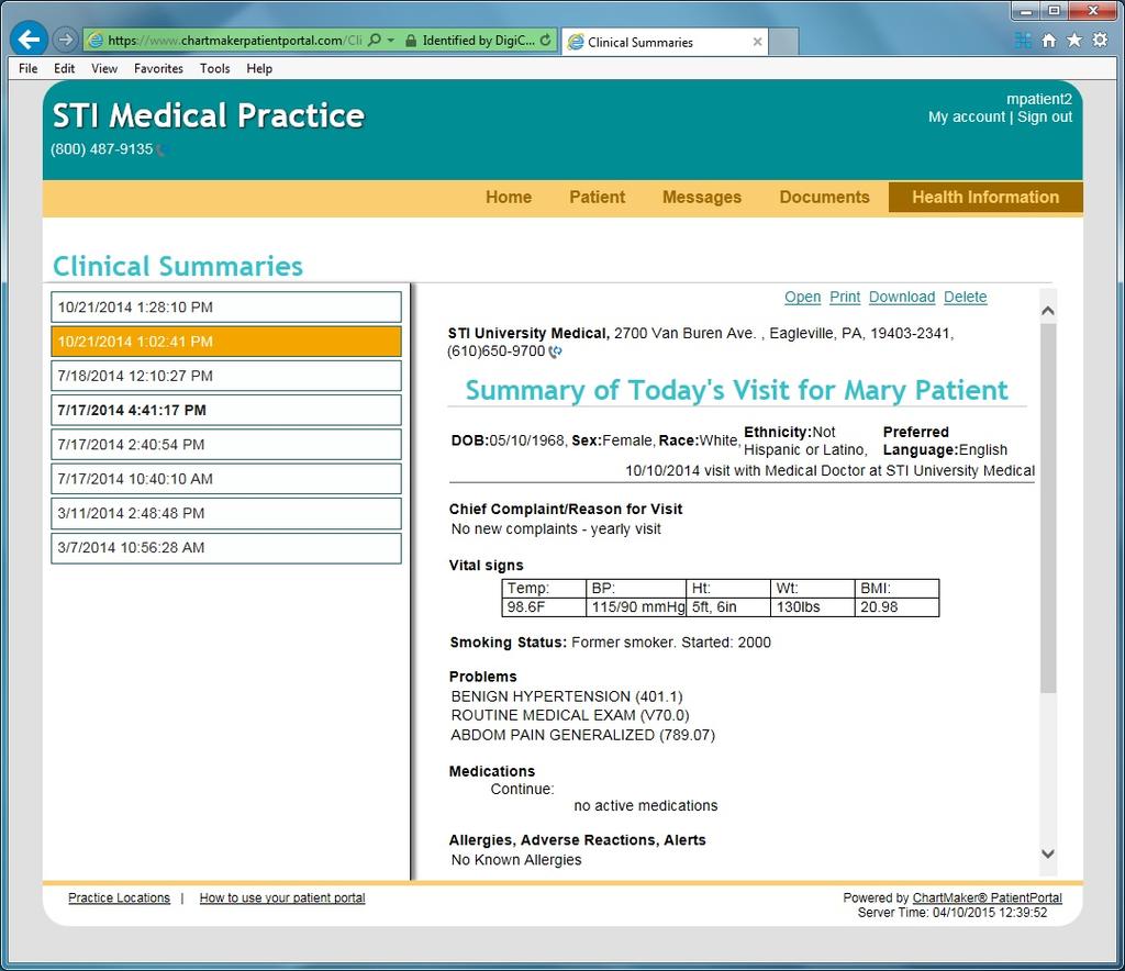 Health Information :: Clinical Summaries: The Clinical Summaries page, under the Health Information menu, allows the patient (or patient representative) to view, print, download or delete the