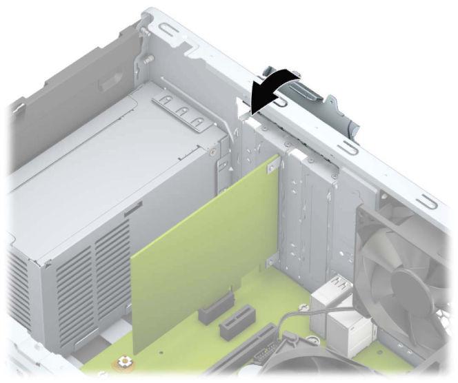 11. To install a new expansion card, hold the card just above the expansion socket on the system board then move the card toward the rear of the chassis (1) so that the bottom of the bracket on the