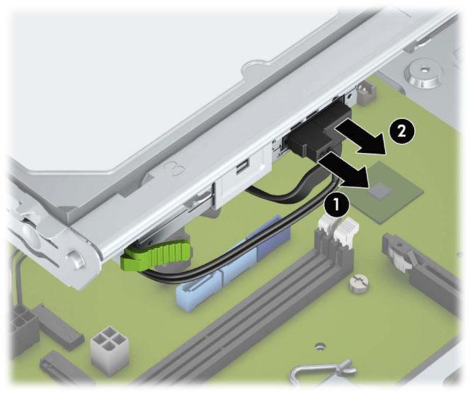 6. Disconnect the power cable (1) and data cable (2) from the rear of the optical drive.