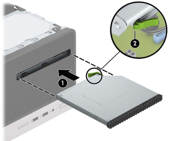 9. Slide the optical drive through the front bezel (1) all the way into the bay so that the green latch locks onto the chassis frame (2). 10.