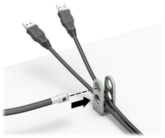 6. Attach the accessory cable fastener to a desktop using the appropriate screw for your environment (screw not provided) (1), and then place the
