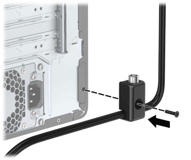 8. Remove the thumbscrew from the rear of the chassis and screw the lock