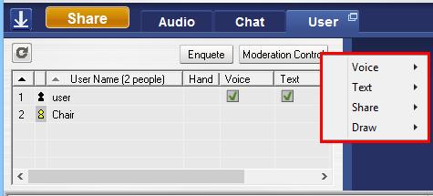 3-10 Administrative control of other user privileges The voice, text chat, and other user functions can be controlled remotely by the session administrator.
