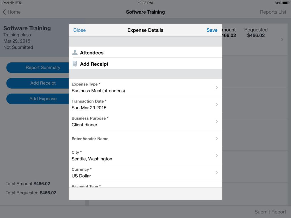 View and Edit an Expense on an Expense Report If an expense is attached to an expense report, you can edit almost every field. 1) With the report open, tap to open the desired expense.