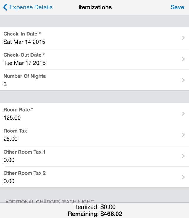3) On the Itemizations screen: Enter the daily room rate and daily tax rate.