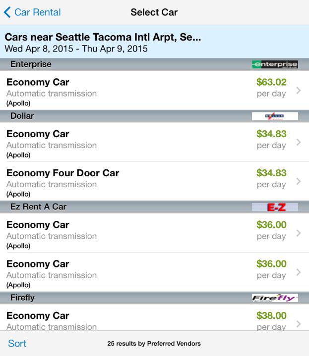 Then: 1) On the Car Rental screen: Enter the search criteria. Tap Search (upper-right corner).