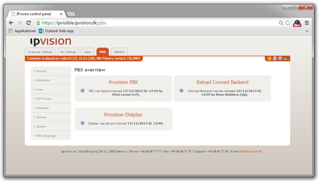 5. PBX In PBX section of Connect Visible you have access to editing PBX-specific elements. The main page gives you an opportunity to provision both your PBX and Dialplan and to reload Connect Backend.
