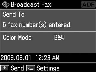 Carry out steps 4 to 5 from "Entering or redialing a fax number" on page 10. If you use broadcast sending, only B&W is available.