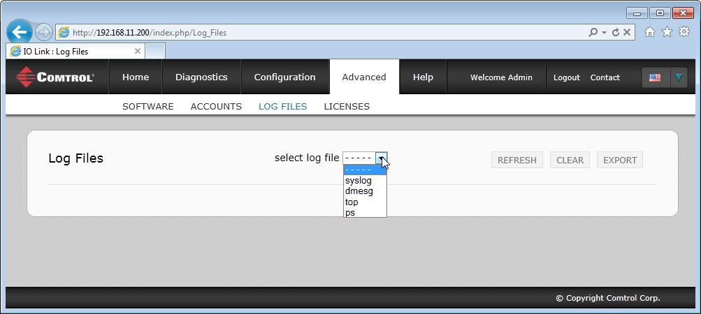 Using Log Files 12.4. Using Log Files The IO-Link Master provides four different log files that you can view, export, or clear: Syslog (system log) displays line-by-line activity records.