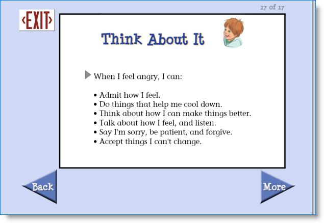 Story Activities 18 Story Activities Think About It Immediately following each story is a screen with the heading "Think About It." This screen sums up the message of the story with a bulleted list.