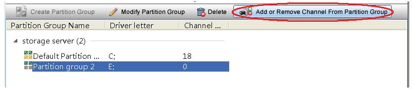 Add channel to partition group: Select channels of area 2 and click button