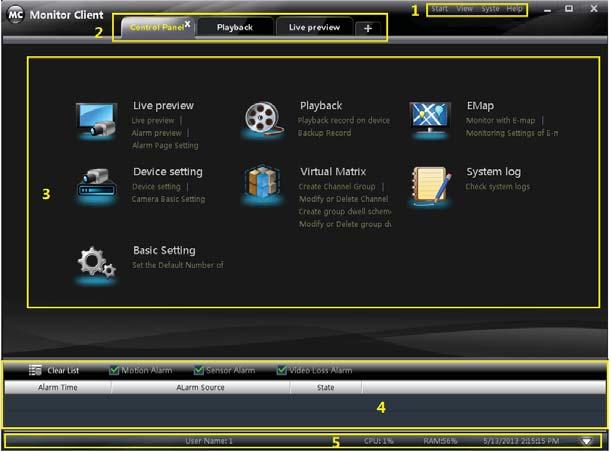 There are five areas in the main interface of this software.