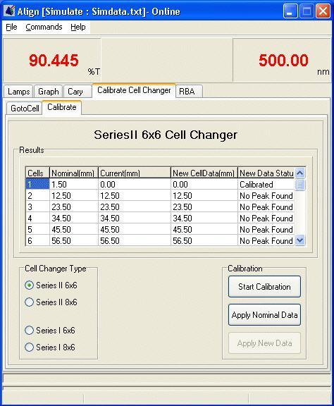 Figure 7. The Align application Calibrate Cell Changer page. Note that this picture shows the software in simulation mode. The accessory is now ready to be operated.