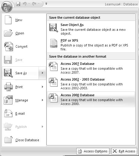 Appendix D: Convert a Database to the Access 2007 File Format Access 2007 will open, work with and save databases in Access versions 2000, 2002-2003 and 2007.