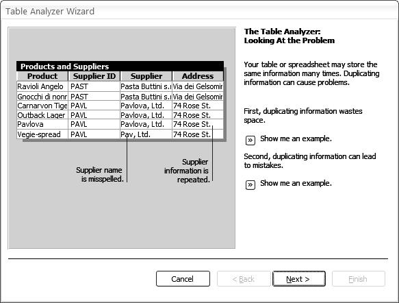Appendix E: Table Analyzer Wizard If you are constructing a database by importing data from other sources, the Table Analyzer Wizard in Access can help to identify repeating data.