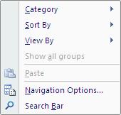 Exercise 1 - The Navigation Pane Display 1. Right click on the title bar of the Navigation Pane. A shortcut menu is displayed. 2. Select View and then List. 3.