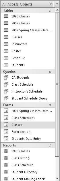 All the objects in the database are listed and categorized by type. 5. Double click on the icon for the Students table to open it. Three objects are open. 6.