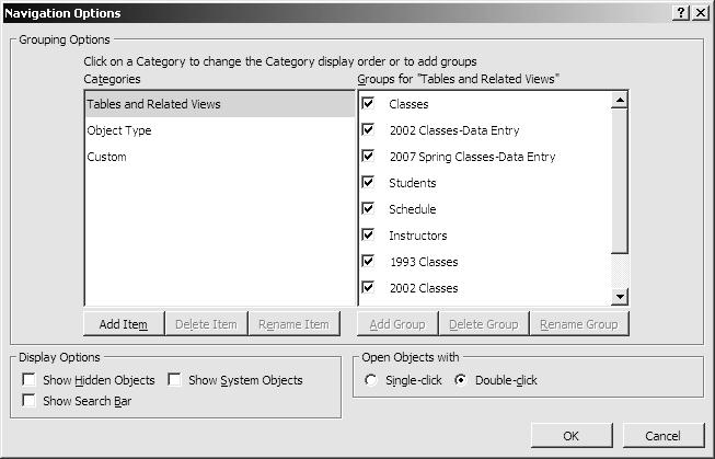 Enable and Use the Search Box in the Navigation Pane 1. With the database open, click on the Office Button. 2. Select Access Options. The dialog box is displayed. 3. Select in the left column. 4.