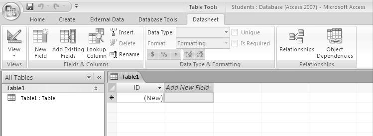 3. At Save in, navigate to the drive and folder in which to store the new database. In class, follow the instructor s directions. 4. In the File name edit box, type a name for the database.