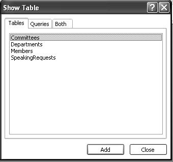 6. Click on the tool. The Show Table dialog box is displayed. 7. Select the first table in the relationship. This is the table with the field as the primary key. In class, select Departments. 8.