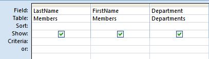 From the Members table, select these fields: LastName FirstName As in previous versions of Access, double click on a field or drag it to select it. 7.