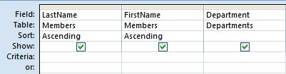 9. In the Sort row, click in the FirstName column and choose Ascending.