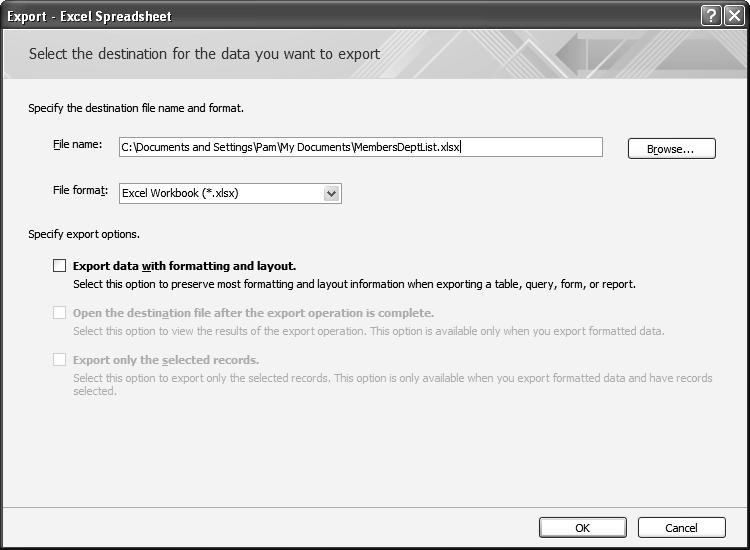 The Export Excel Spreadsheet wizard is displayed. 4. In the File name edit box, make any changes or use the Browse button to navigate to another drive or folder. 5.