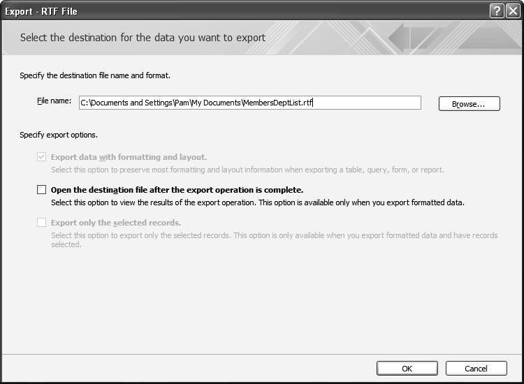 Export Data to Word 1. Click to select the data to be exported. You may click on the object s name in the Navigation pane or click on the open object, such as a Table or Query in the datasheet view.