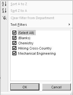 The Filter list for the Department field is displayed. 5. Click on Select All to unmark it. 6. Mark only Chemistry. 7. Click on OK.