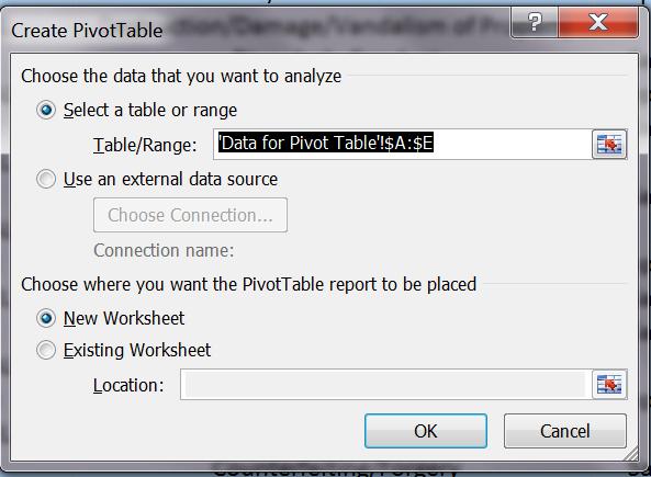 After you select Pivot Table, the following window will appear.