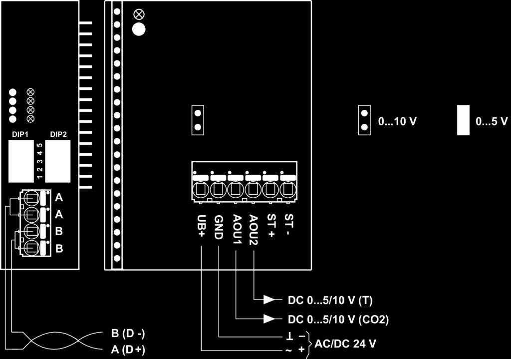 Wiring diagram 1 and 5: Status LED 2 red: Error 3 yellow: Tx 4 yellow: Rx Detailed documentation Notes Wiring RS485 Wiring RS485 (Modbus RTU & BACnet MS/ TP) The separate