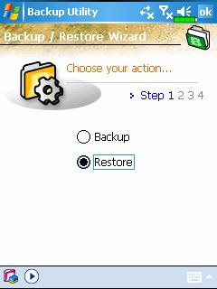 Restore Files Caution! 1. When restoring files, the system will delete all current data in the Pocket PC and replace it with the backup files. 2.