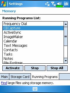 Tap the Running Programs tab. ❷ Tap a program name in Running Programs List and when it is highlighted, tap Activate or Stop. ❷Activate: Start running the program you selected.