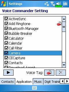 Application Settings Page Tap Voice Commander Settings and then the Application tab and the Settings page will list the applications and settings installed by the Pocket PC on and then Programs