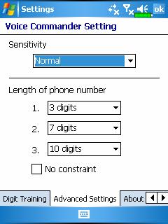 Advanced Settings Page The Sensitivity setting is for voice recognition. The Length of phone number setting specifies the maximum number of digits that can be entered as the phone number.