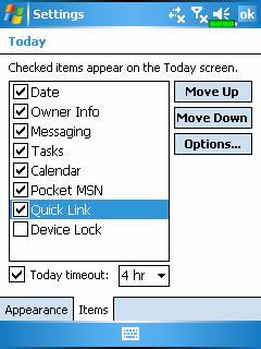 Quick Link Tap, Settings, the Personal tab, Today, the Items tab, and then check Quick Link. ❹ ❸ ❷ ❷ ❸ ❹ Items tab: Enter the Today setting screen with Quick Link Options.