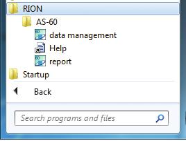 Starting the software Use one of the following methods to start the software: Method 1 Select the [Start] menu. Next select [All Programs], [RION], [AS-60], and then [Data management] or [Report].