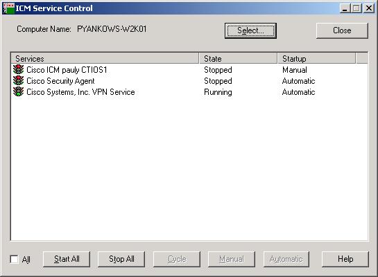 ICM Service Control Chapter 7 Startup, Shutdown, and Failover Figure 7-1 ICM Service Control To start, stop, or cycle the processes in the CTI OS Server, use the appropriate tabs from the ICM Service