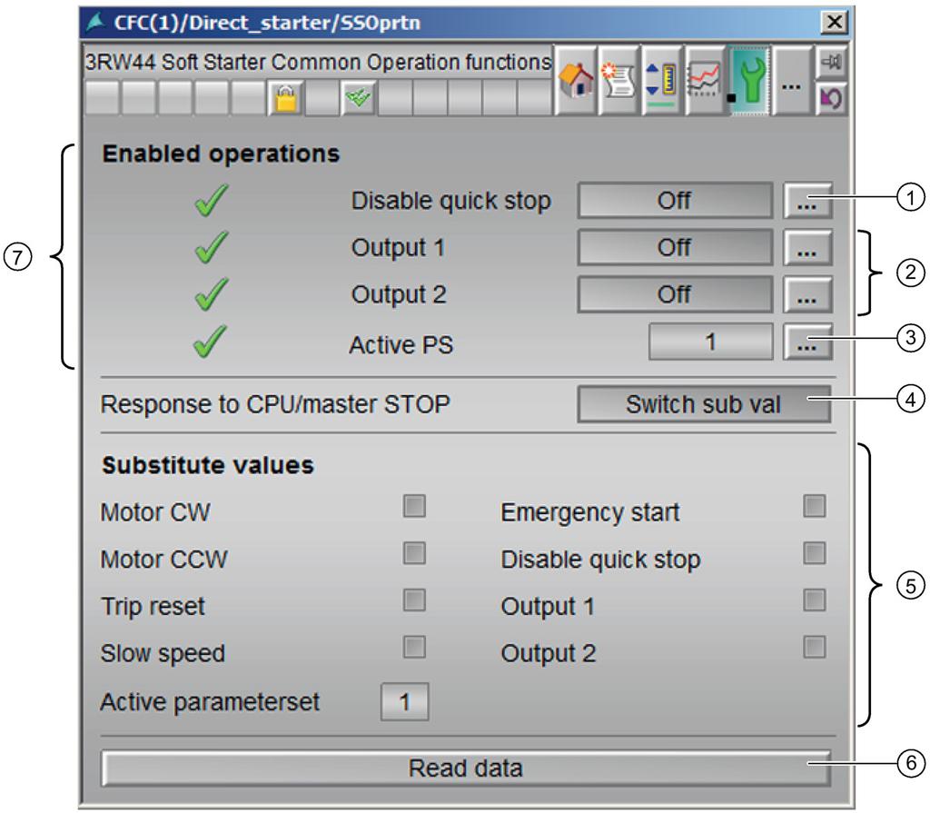 Faceplate - Views 4.7 SSOprtn - Views 4.7.2 SSOprtn - Maintenance Maintenance view 1 Button for activating Disable quick stop (DsQkSpMan), opens the expanded command area; authorization level 6.
