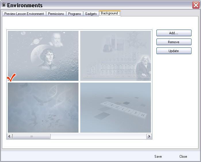 3. Environments scheme settings change (Continued) Initialize Settings 4) To change Background settings Click Background and select the desired background picture.